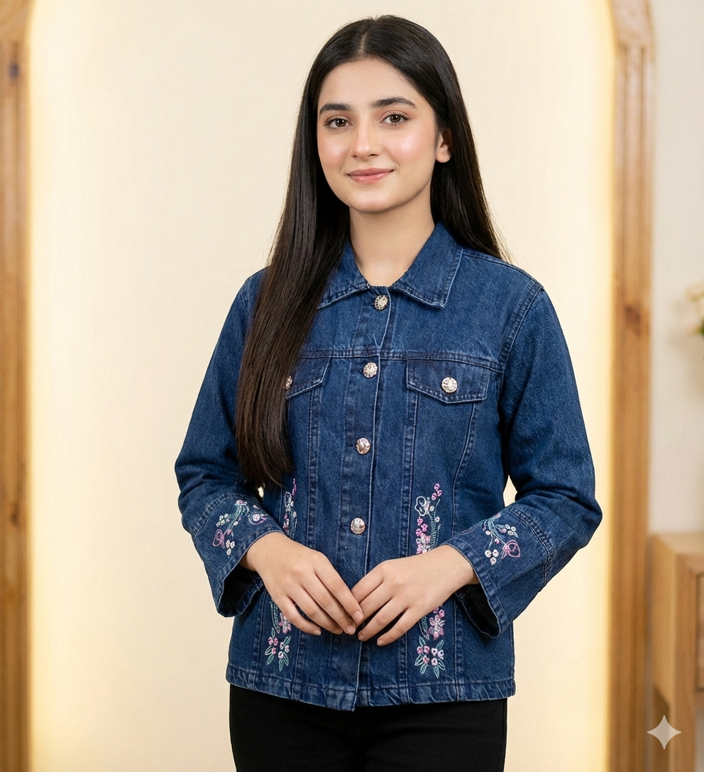 Girls Denim Jacket with Floral Embroidery – Stylish Blue Jeans Jacket for Kids