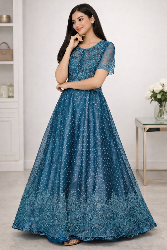 Teal Blue Embroidered Lace Maxi Dress – Elegant Party & Formal Wear