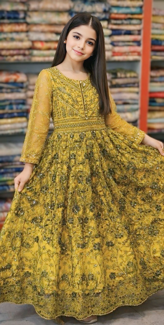 Mustard Yellow Embroidered Anarkali Dress for Girls | Party & Festive Wear Net Frock