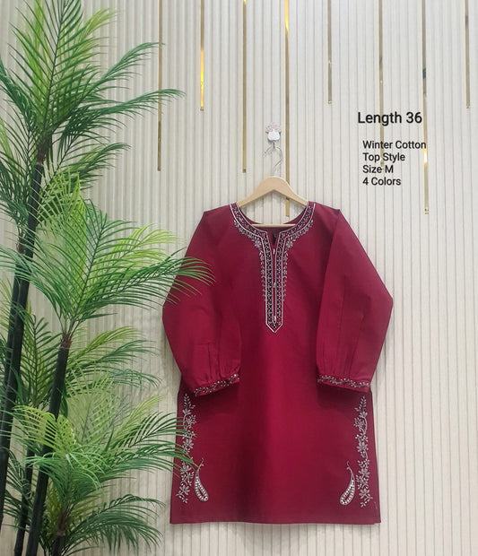 Ladies Winter Cotton Embroidered Top & Pant Set | Stylish Kurti Suit for Women – Length 36, random Colors
