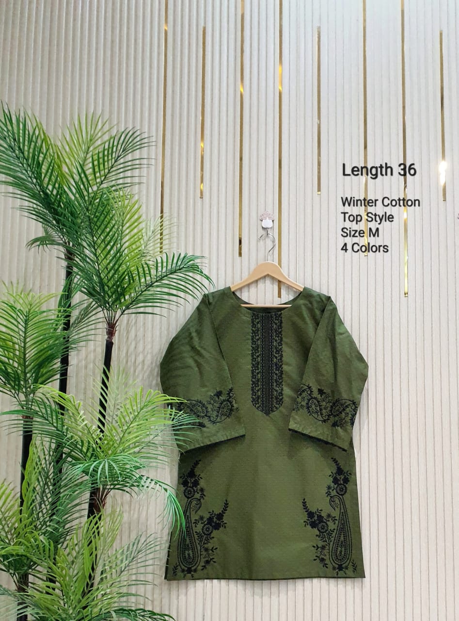 Ladies Winter Cotton Embroidered Top & Pant Set | Stylish Kurti Suit for Women – Length 36, random Colors