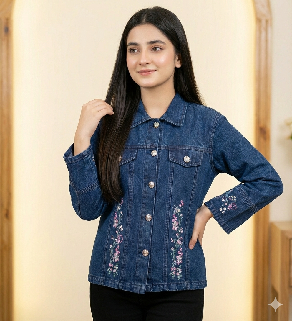 Girls Denim Jacket with Floral Embroidery – Stylish Blue Jeans Jacket for Kids