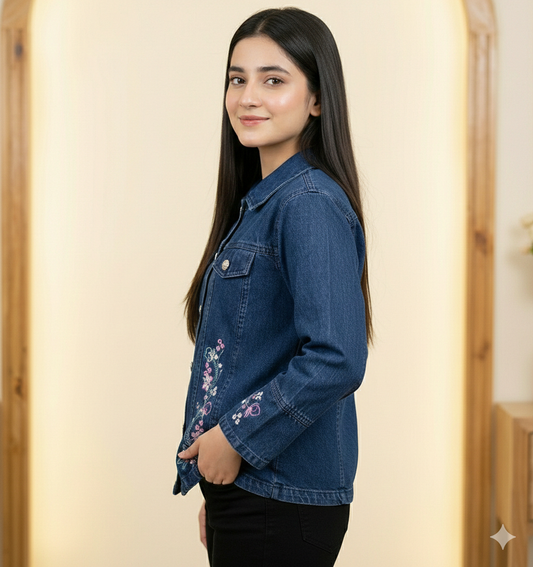Girls Denim Jacket with Floral Embroidery – Stylish Blue Jeans Jacket for Kids
