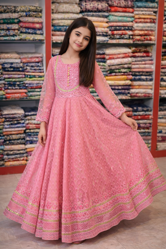 Pink Embroidered Anarkali Dress for Girls – Festive & Party Wear