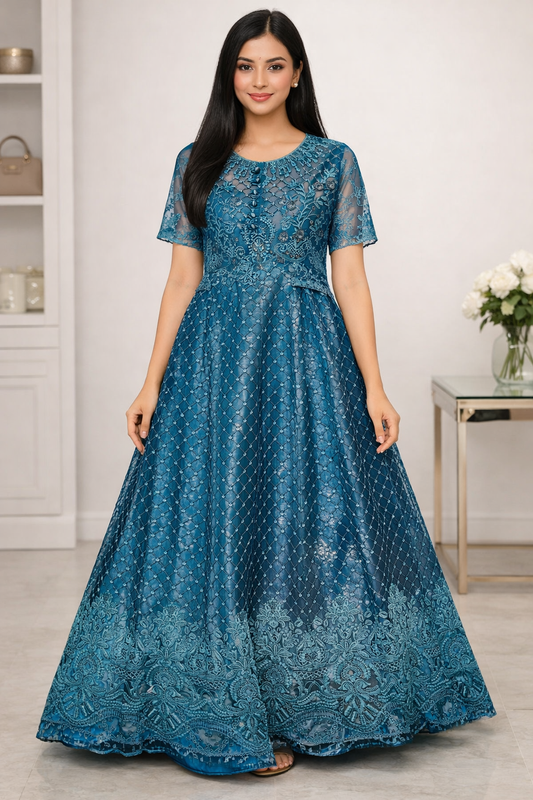 Teal Blue Embroidered Lace Maxi Dress – Elegant Party & Formal Wear
