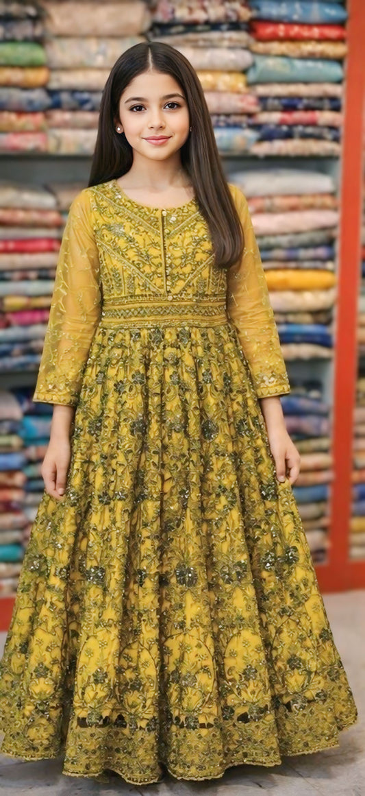 Mustard Yellow Embroidered Anarkali Dress for Girls | Party & Festive Wear Net Frock